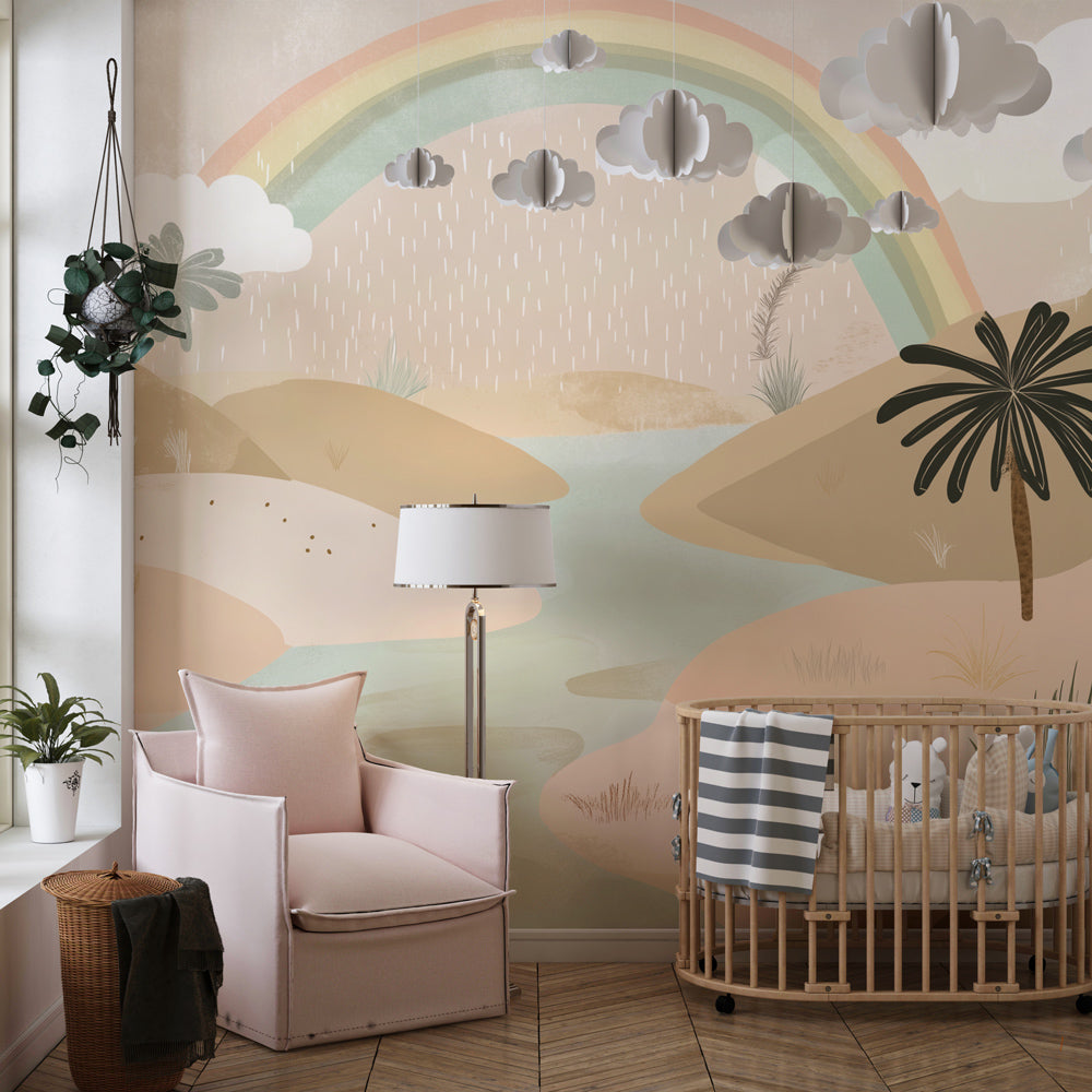 Enchanted rainbow wallpaper with magical rain in cozy children's bedroom decor