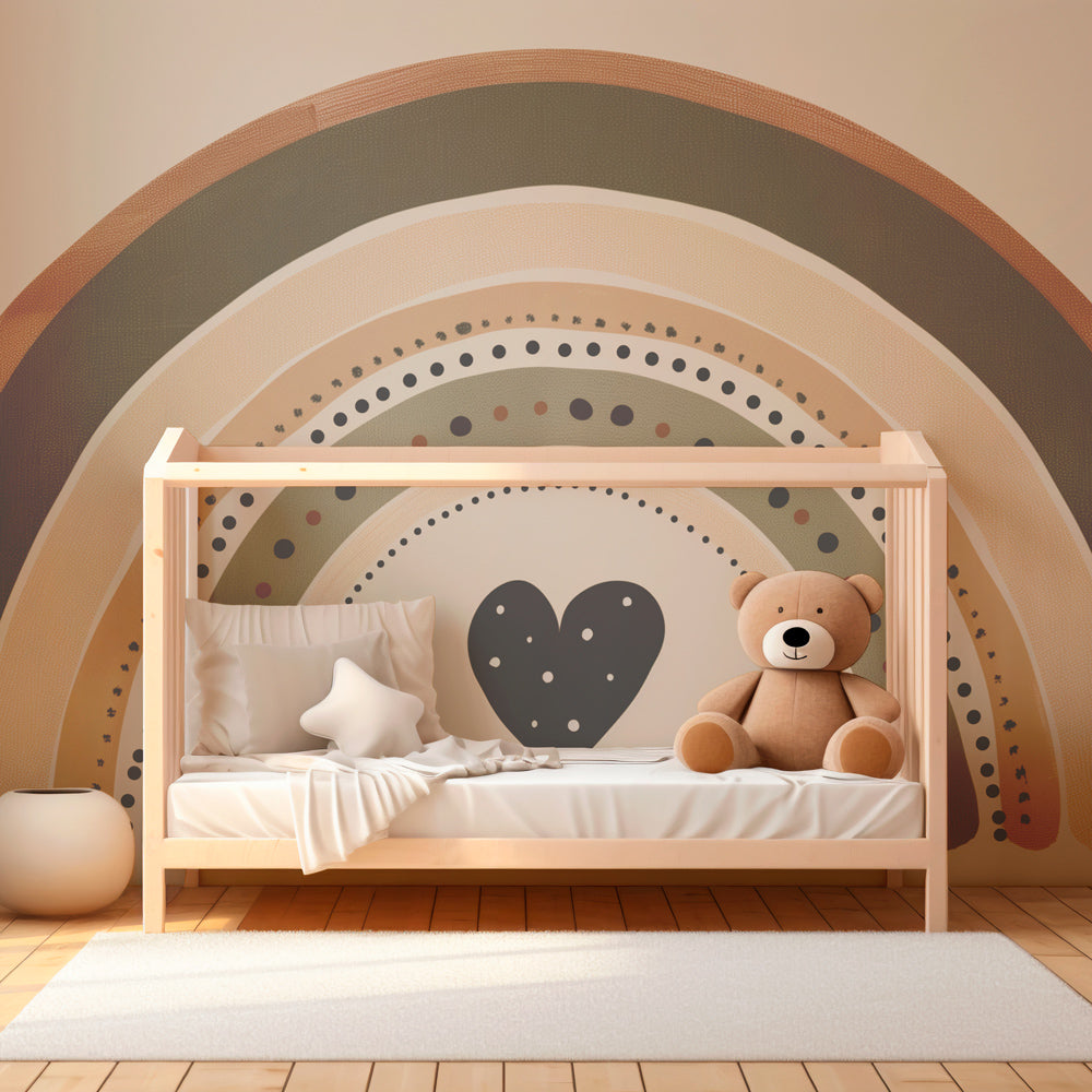 Natural beige and sky blue rainbow wallpaper creating peaceful nursery atmosphere