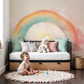Rainbow mural wallpaper with pastel sky creating dreamy nursery atmosphere by Kids-Mundo