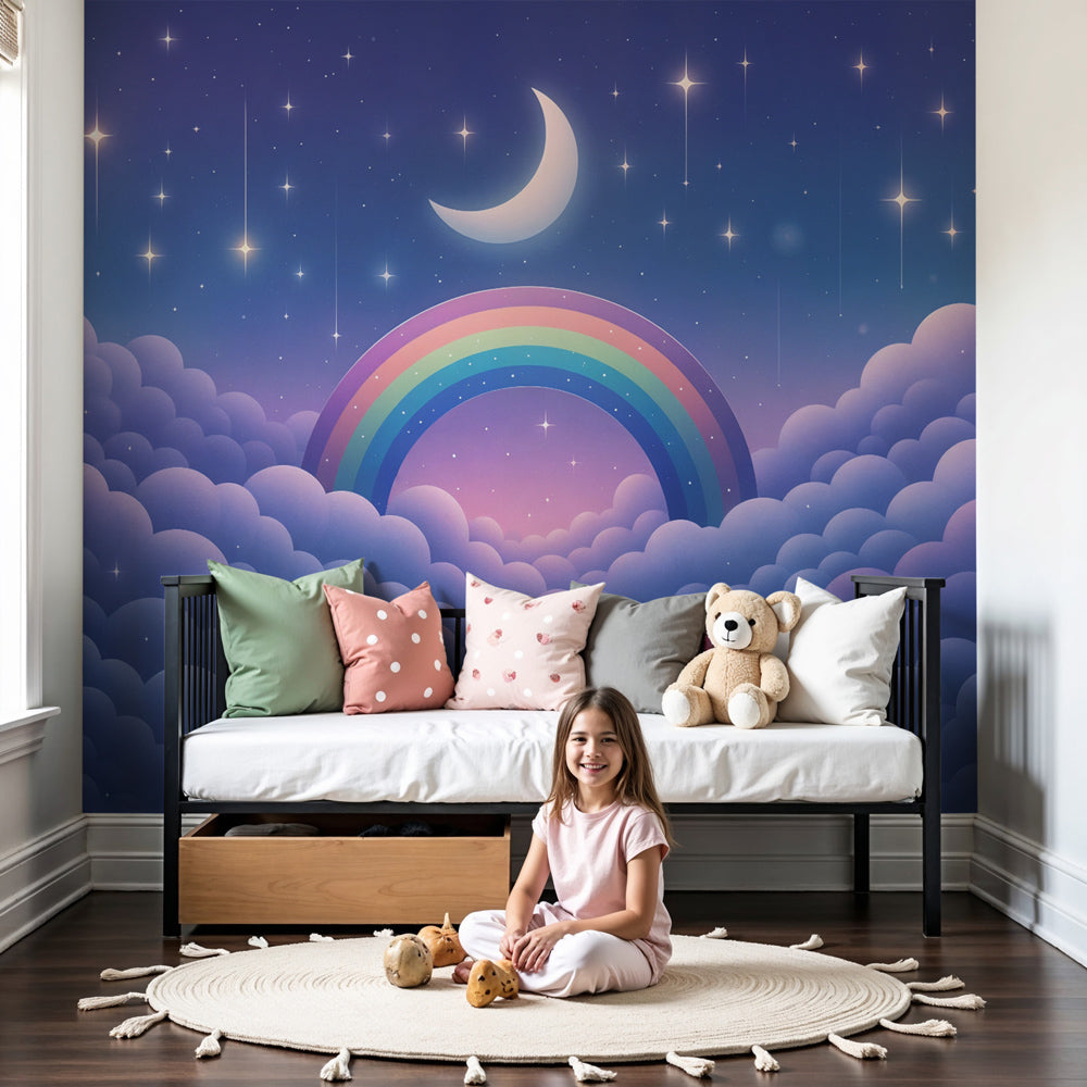 Rainbow starry night mural wallpaper in modern nursery room with purple tones by Kids-Mundo
