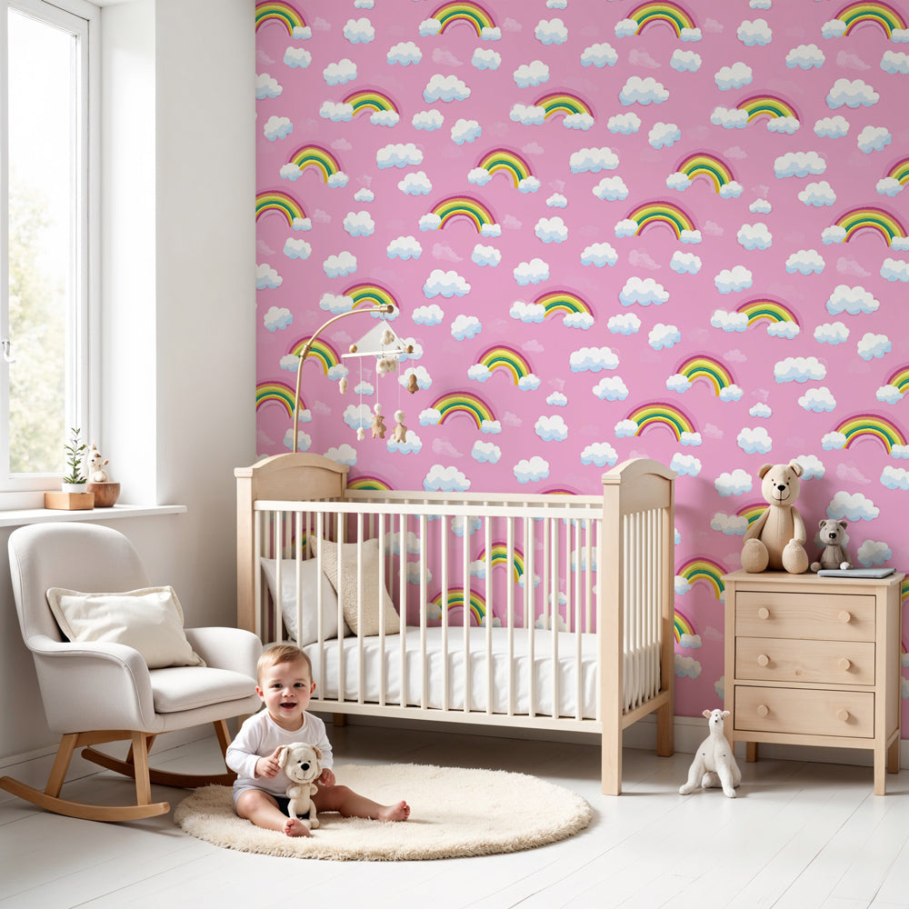 Rainbow mural wallpaper with soft pink background decorating modern nursery by Kids-Mundo