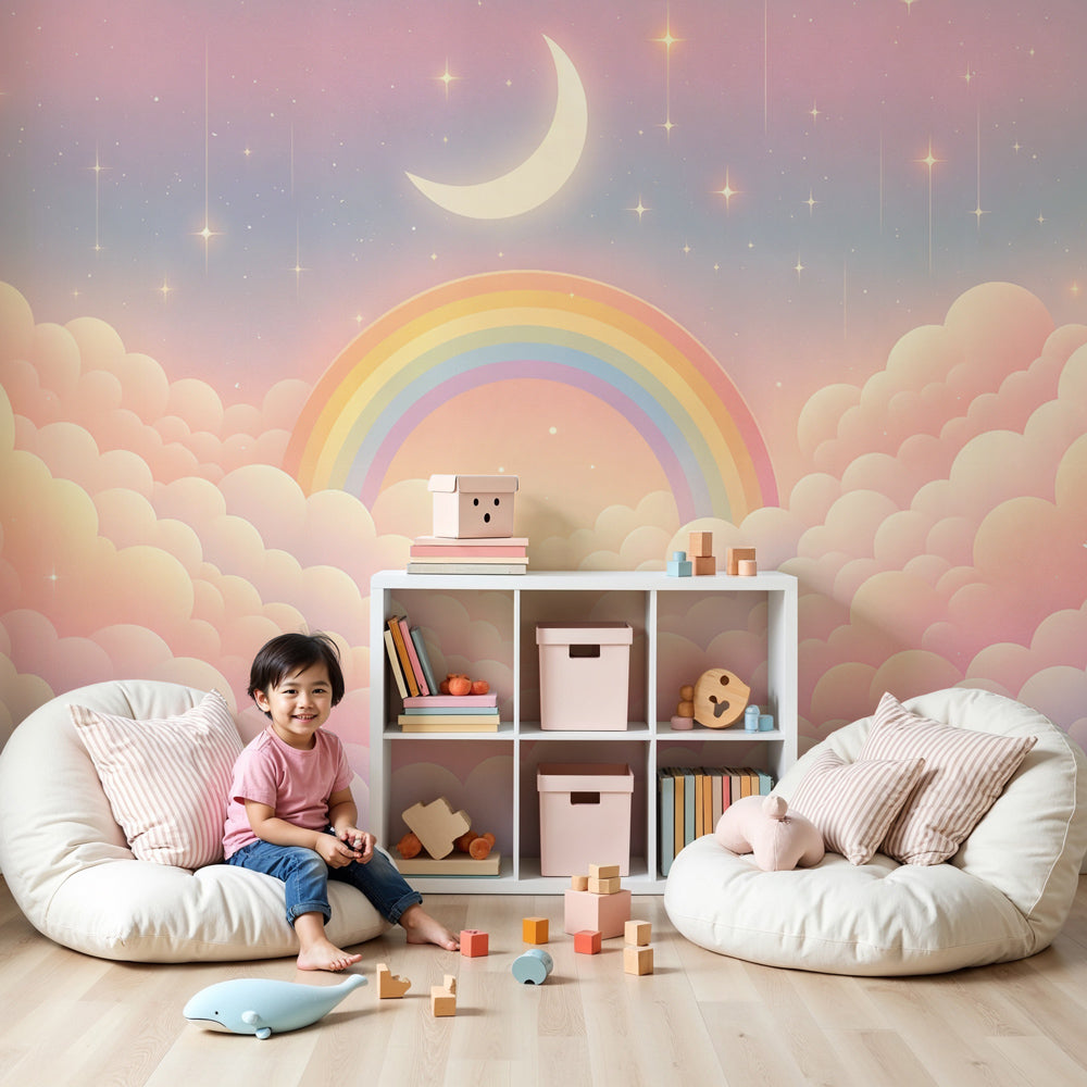 Rainbow mural wallpaper with pastel clouds creating magical nursery decor by Kids-Mundo
