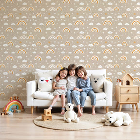 Colorful rainbow and clouds mural wallpaper in bright kids nursery by Kids-Mundo