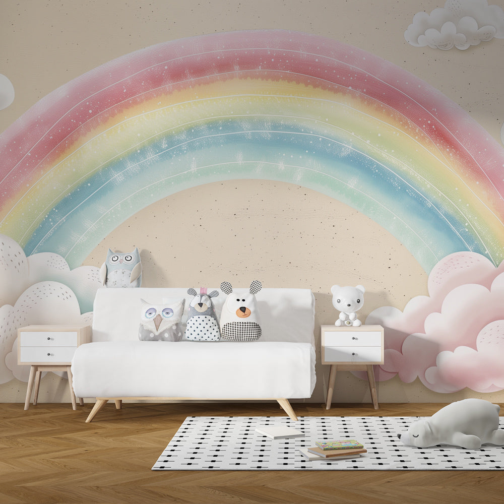 Fairy tale rainbow wallpaper in serene toddler bedroom with natural wood furniture