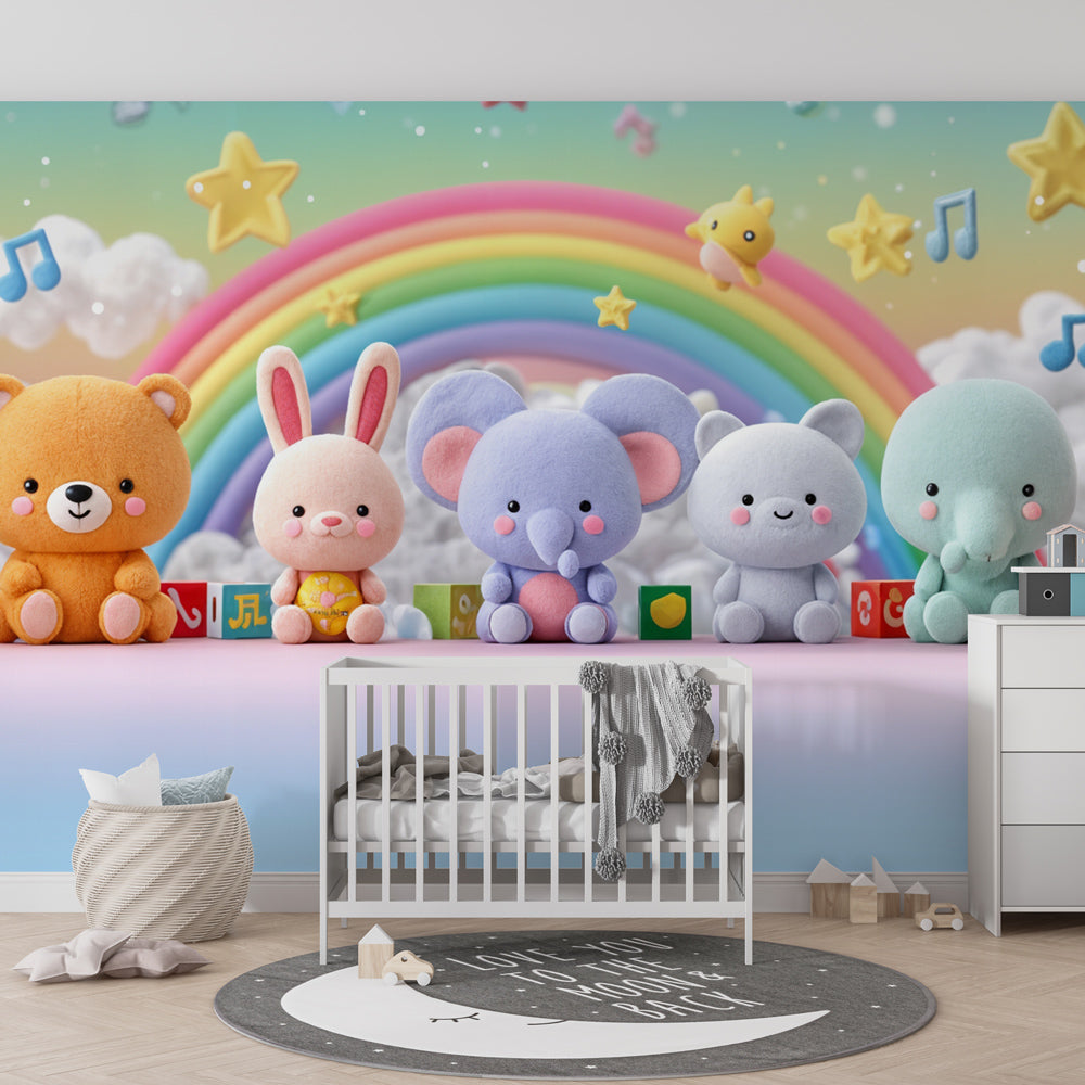 Cute animal rainbow wallpaper transforming kids playroom with colorful wall design