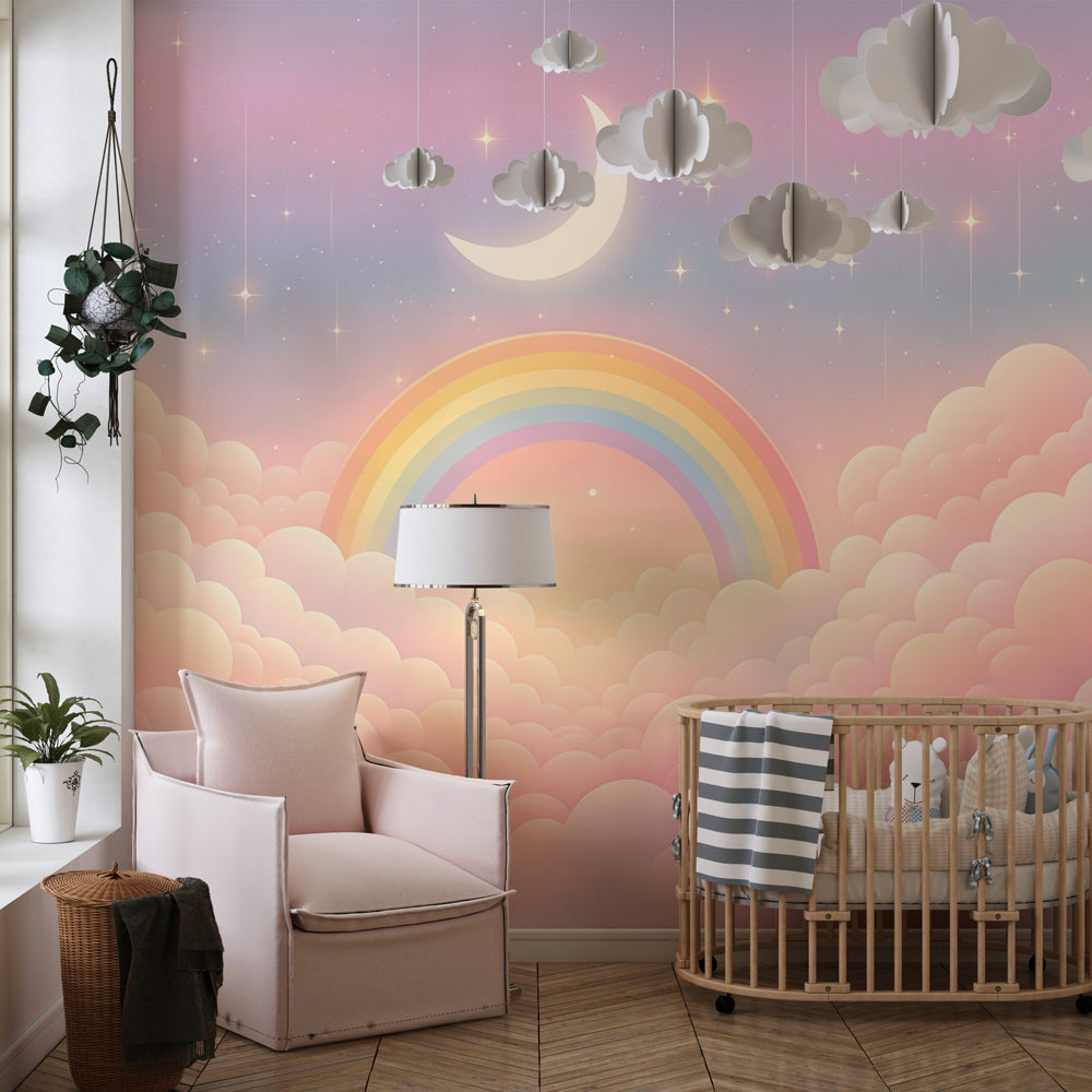 Starry rainbow wallpaper transforming children's bedroom into dreamy sanctuary by Kids-Mundo