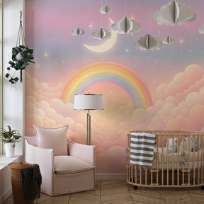 Starry rainbow wallpaper transforming children's bedroom into dreamy sanctuary by Kids-Mundo