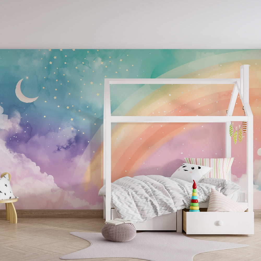 Rainbow and moon mural wallpaper creating dreamy atmosphere in children's room by Kids-Mundo