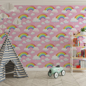 Pink rainbow mural wallpaper for toddler room creating joyful and imaginative space