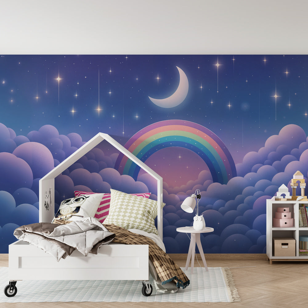 Dreamy rainbow night sky mural wallpaper transforming toddler bedroom into starry sanctuary