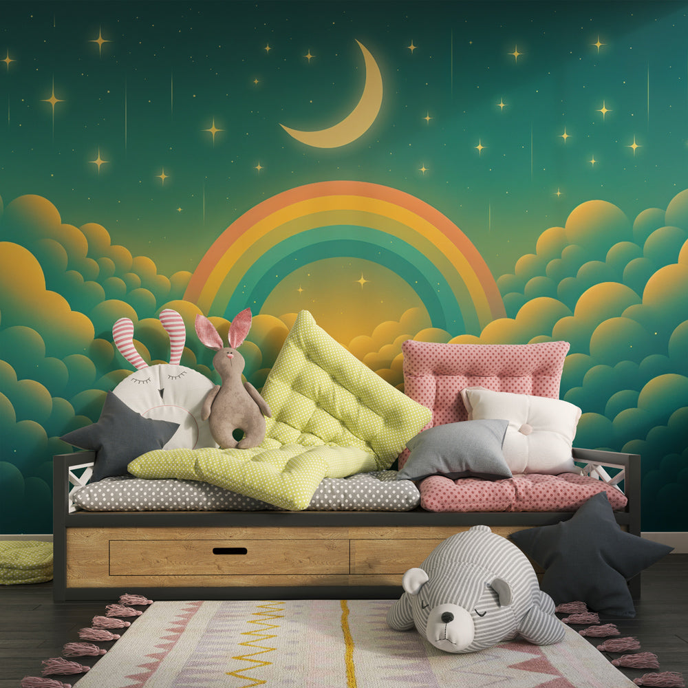Celestial rainbow wallpaper creating magical atmosphere in children's bedroom
