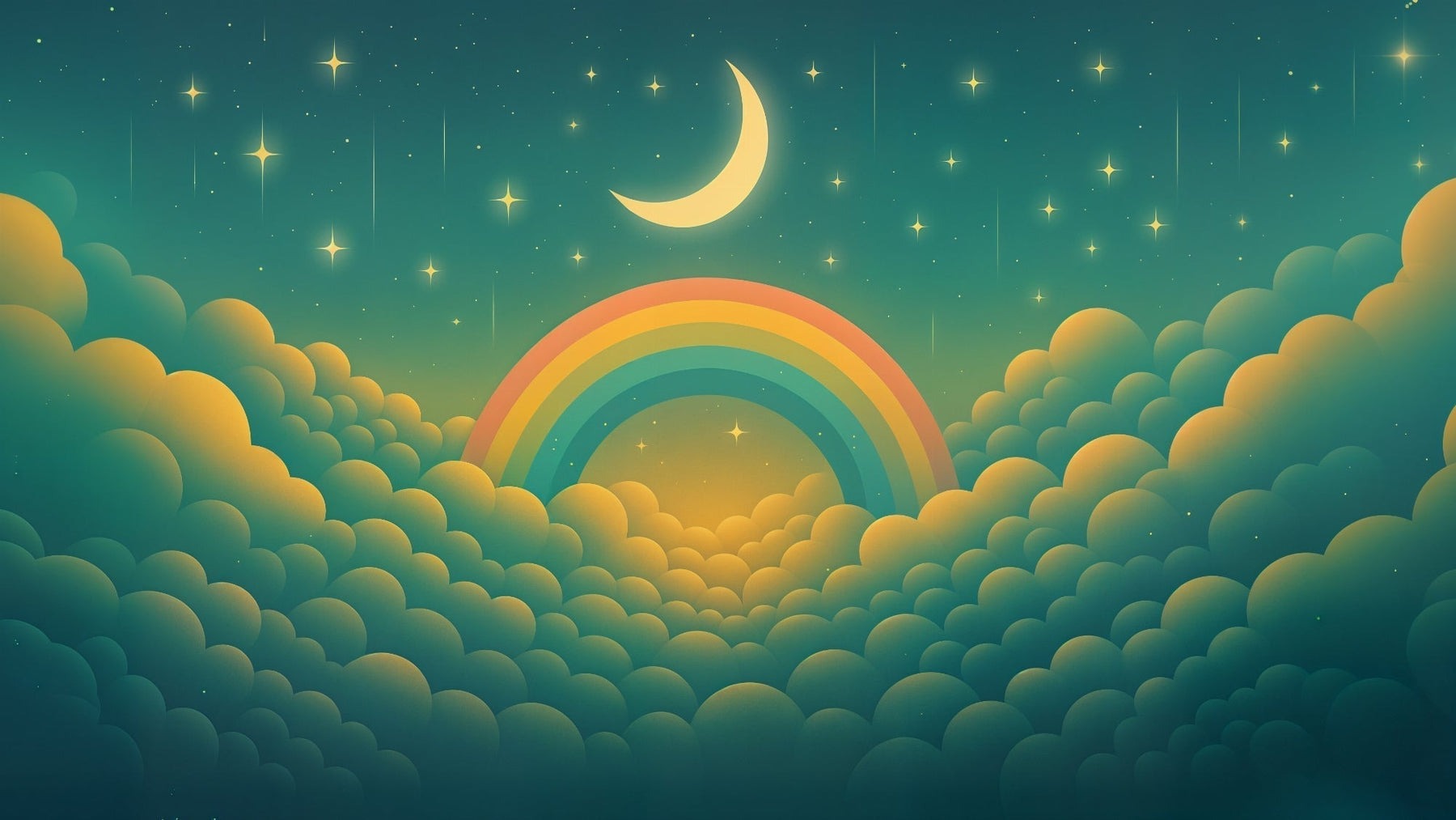 Detailed rainbow night sky mural wallpaper design pattern with moon stars and clouds by Kids-Mundo