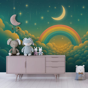 Moon stars and rainbow mural wallpaper transforming toddler room into dreamland
