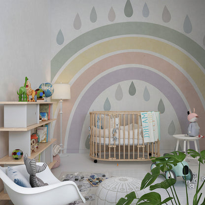 Kids-Mundo muted rainbow wall mural above a single bed in a kids bedroom