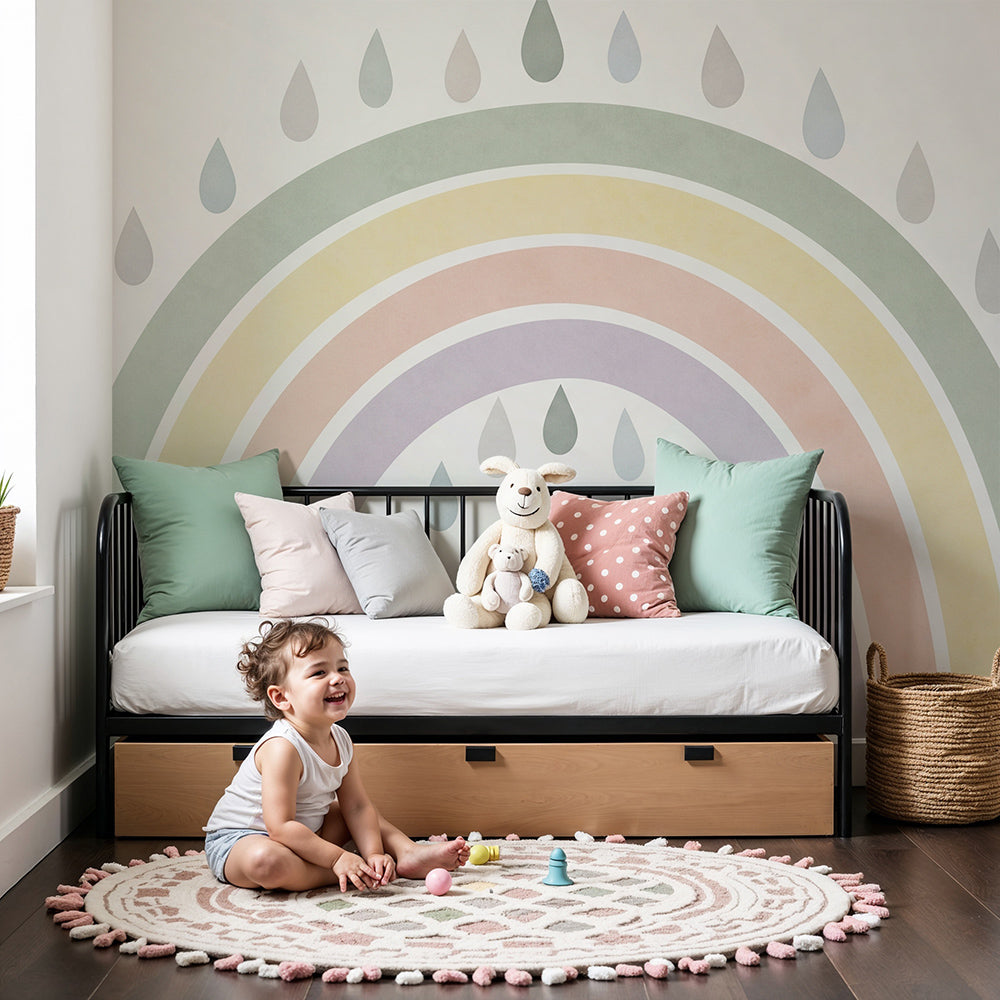 Kids-Mundo pastel rainbow and raindrops wall mural covering a nursery feature wall