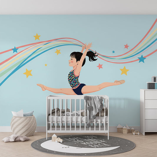 Kids-Mundo gymnastics wall mural shown on a feature wall in an active child's bedroom