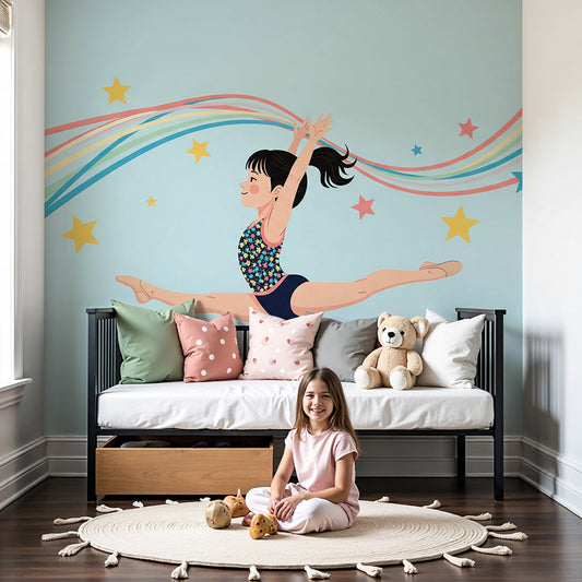 Kids-Mundo rainbow gymnast wall mural styled in a bright, playful nursery room