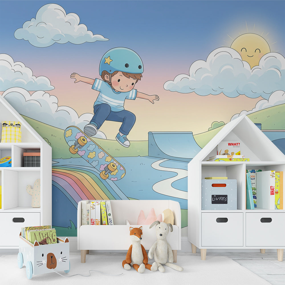 Kids-Mundo rainbow skate ramp wall mural brightening a fun children's playroom space