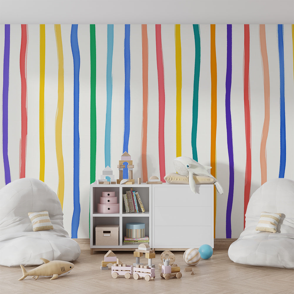Rainbow stripe wall mural by Kids-Mundo energising a colourful kids' playroom