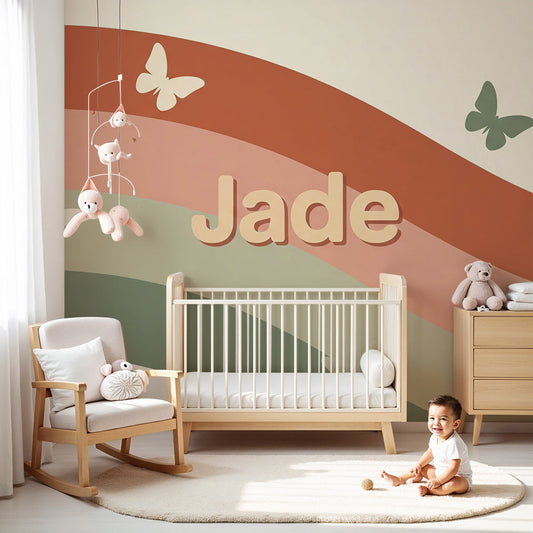 Kids-Mundo rainbow stripe wall mural with butterflies in a baby nursery