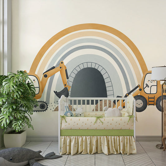Kids-Mundo rainbow tunnel digger wall mural above a bed in a bright kids bedroom.