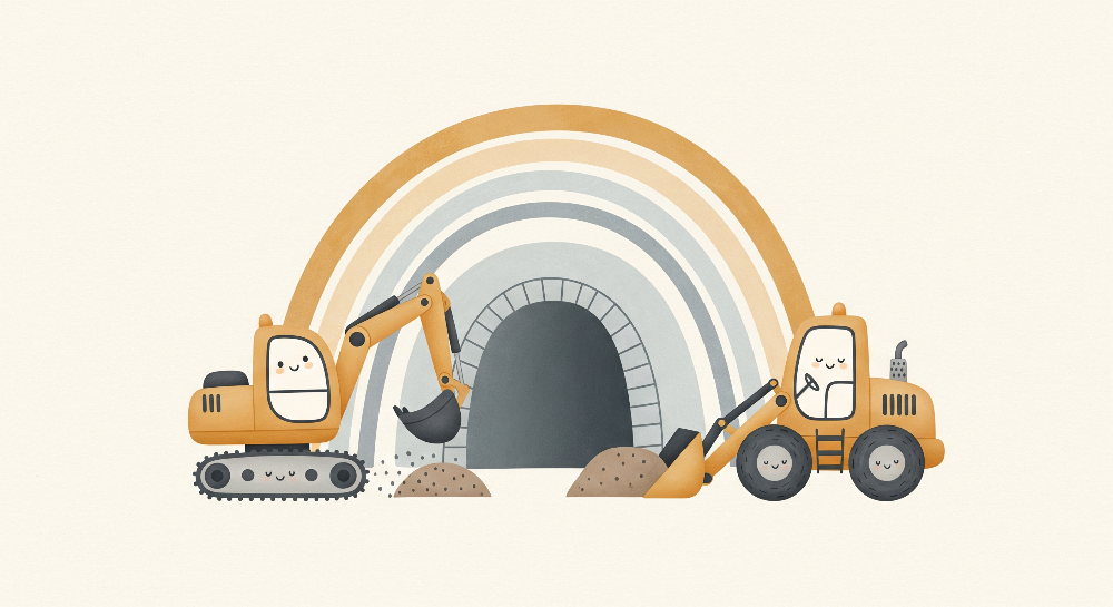 Kids-Mundo flat artwork preview of the rainbow tunnel digger and loader wall mural.