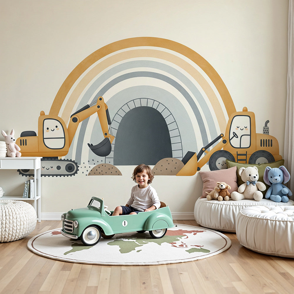 Kids-Mundo rainbow tunnel digger wall mural styled in a soft, neutral nursery room.