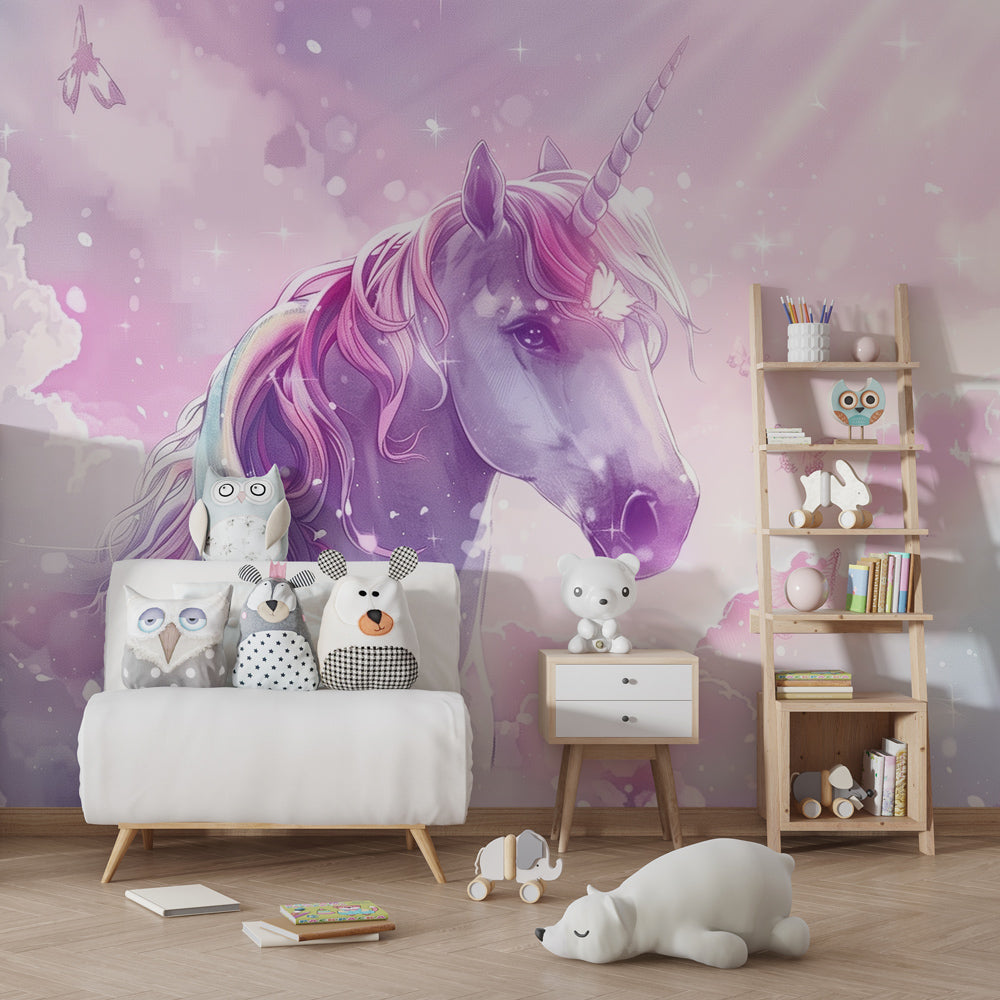 Kids-Mundo unicorn wall mural with rainbow mane in a dreamy kids bedroom.