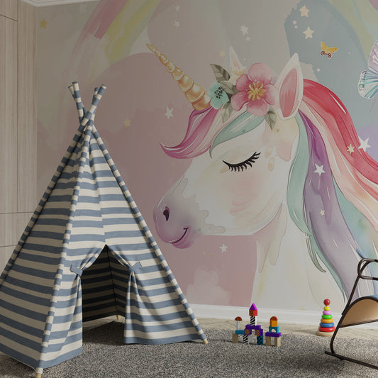 Kids-Mundo unicorn wall mural covering a feature wall in a bright, magical kids bedroom.