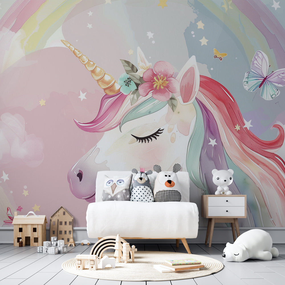 Kids-Mundo unicorn wall mural bringing a rainbow scene to a playful playroom wall.