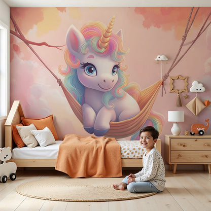 Kids-Mundo rainbow unicorn wall mural in a dreamy pastel baby nursery room