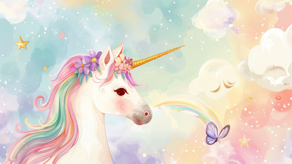 Kids-Mundo flat artwork of a rainbow unicorn with flower crown used for this made-to-measure wall mural.