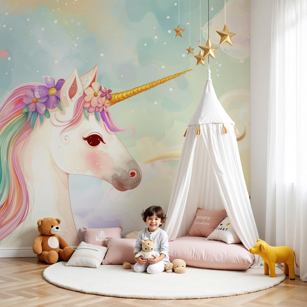 Kids-Mundo rainbow unicorn wall mural styled in a soft pastel nursery with flower crown detail.