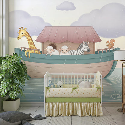 Kids-Mundo giraffe and sheep ark boat wall mural featured in a kids bedroom