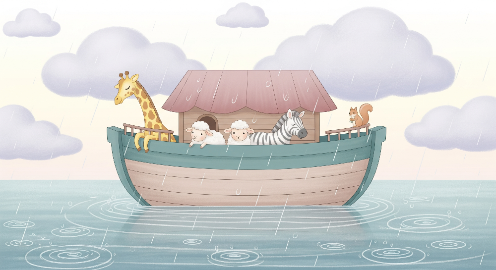 Kids-Mundo flat artwork preview of the rainy ark boat wall mural with giraffe and friends