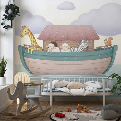 Kids-Mundo rainy animal ark wall mural brightening a children's playroom wall