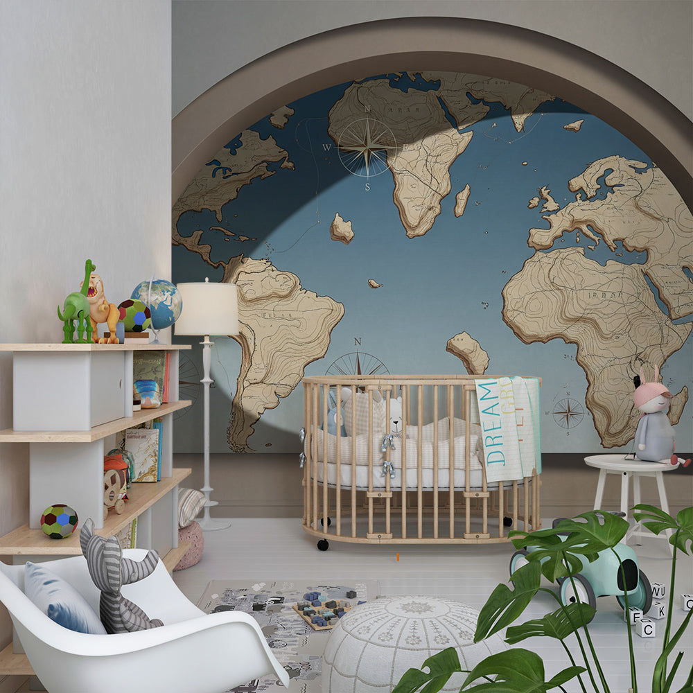 Kids-Mundo sculpted world map wall mural behind a bed in a kids bedroom.