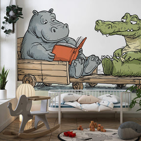 Hippo crocodile reading wallpaper creating educational nursery decor with green tones