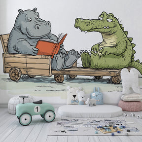 Educational animal wallpaper featuring book-loving characters in bright children's playroom