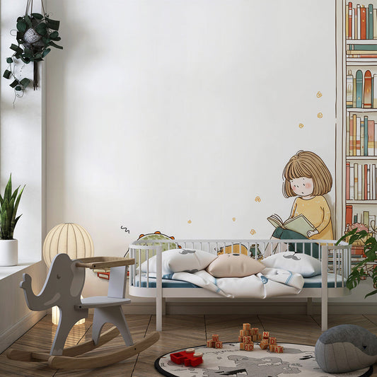 Kids-Mundo reading-corner dinosaur wall mural on a feature wall in a child's bedroom