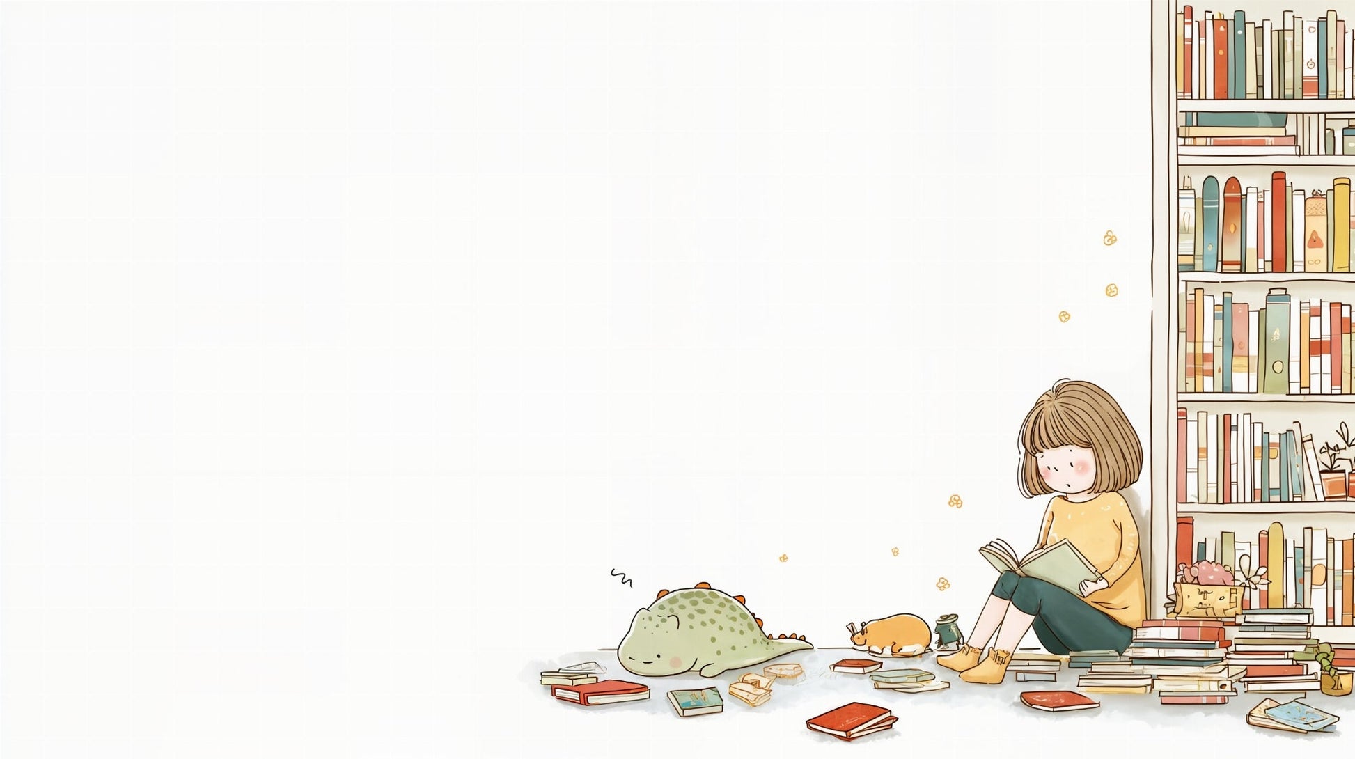 Kids-Mundo flat artwork of a girl reading beside a sleepy dinosaur and a bookshelf