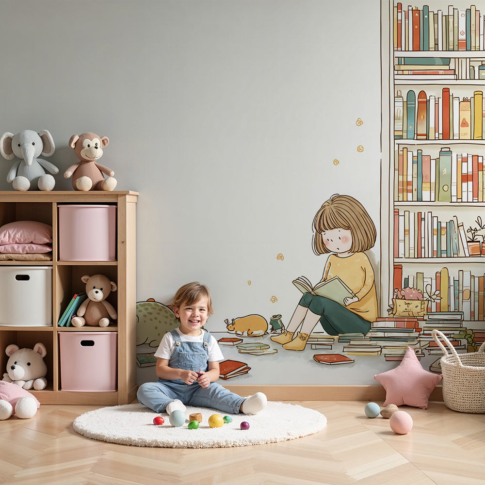 Kids-Mundo girl reading with a sleepy dinosaur wall mural styled in a calm nursery
