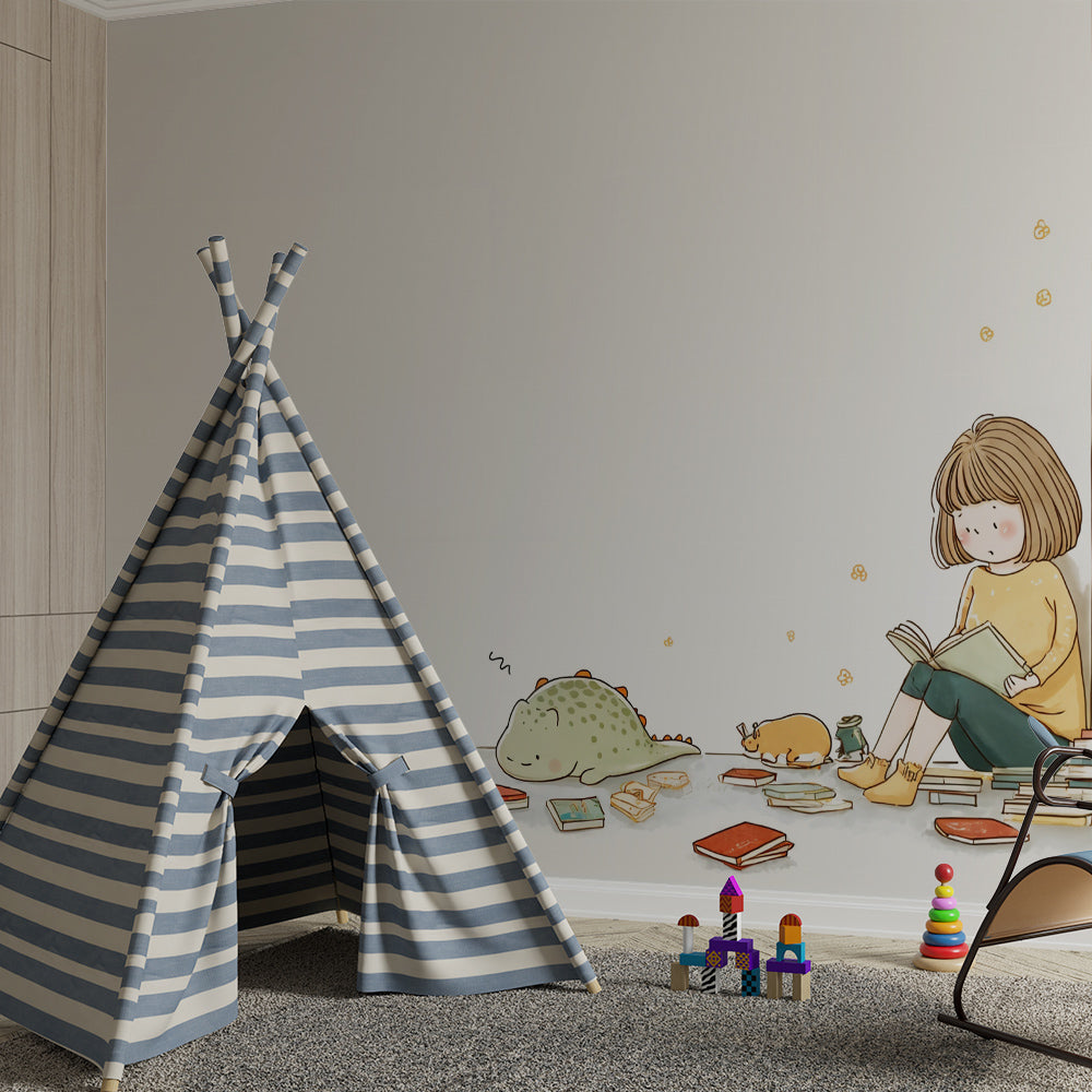 Kids-Mundo girl and dinosaur reading mural decorating a cosy playroom wall