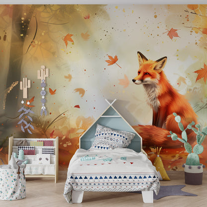 Kids-Mundo fox wall mural behind a bed in an autumn-themed kids bedroom