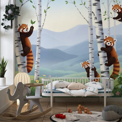 Kids-Mundo red panda wall mural behind a bed in a bright, playful kids bedroom