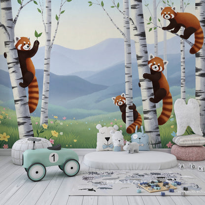 Kids-Mundo red panda birch forest wall mural as a lively feature wall in a playroom