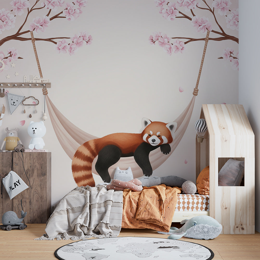 Kids-Mundo sleepy red panda cherry blossom wall mural on a feature wall in a child's kids bedroom