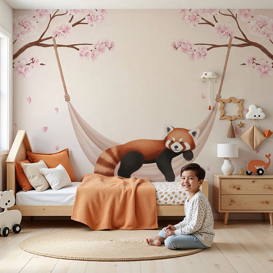 Kids-Mundo sleepy red panda cherry blossom wall mural styled behind a cot in a blush pink nursery