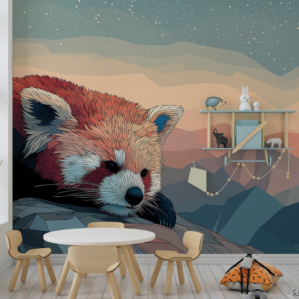 Kids-Mundo red panda mountain mural on a feature wall in a modern kids' bedroom with a single bed