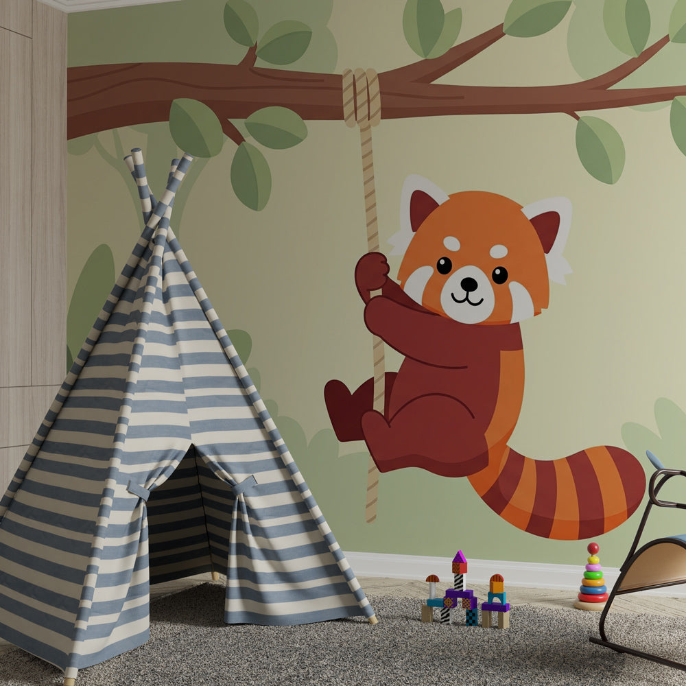 Tropical red panda wallpaper creating adventurous atmosphere in children's bedroom decor
